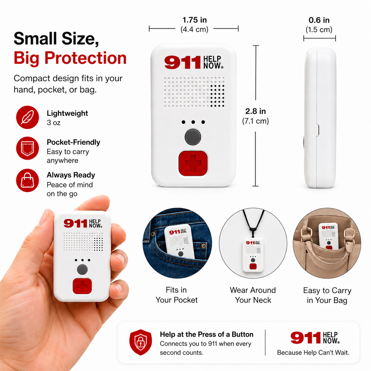 911 Help Now Emergency Pendent - No Monthly Fees Ever - One-Touch Direct Connect, Emergency Communicator Pendant Medical Alert - White
