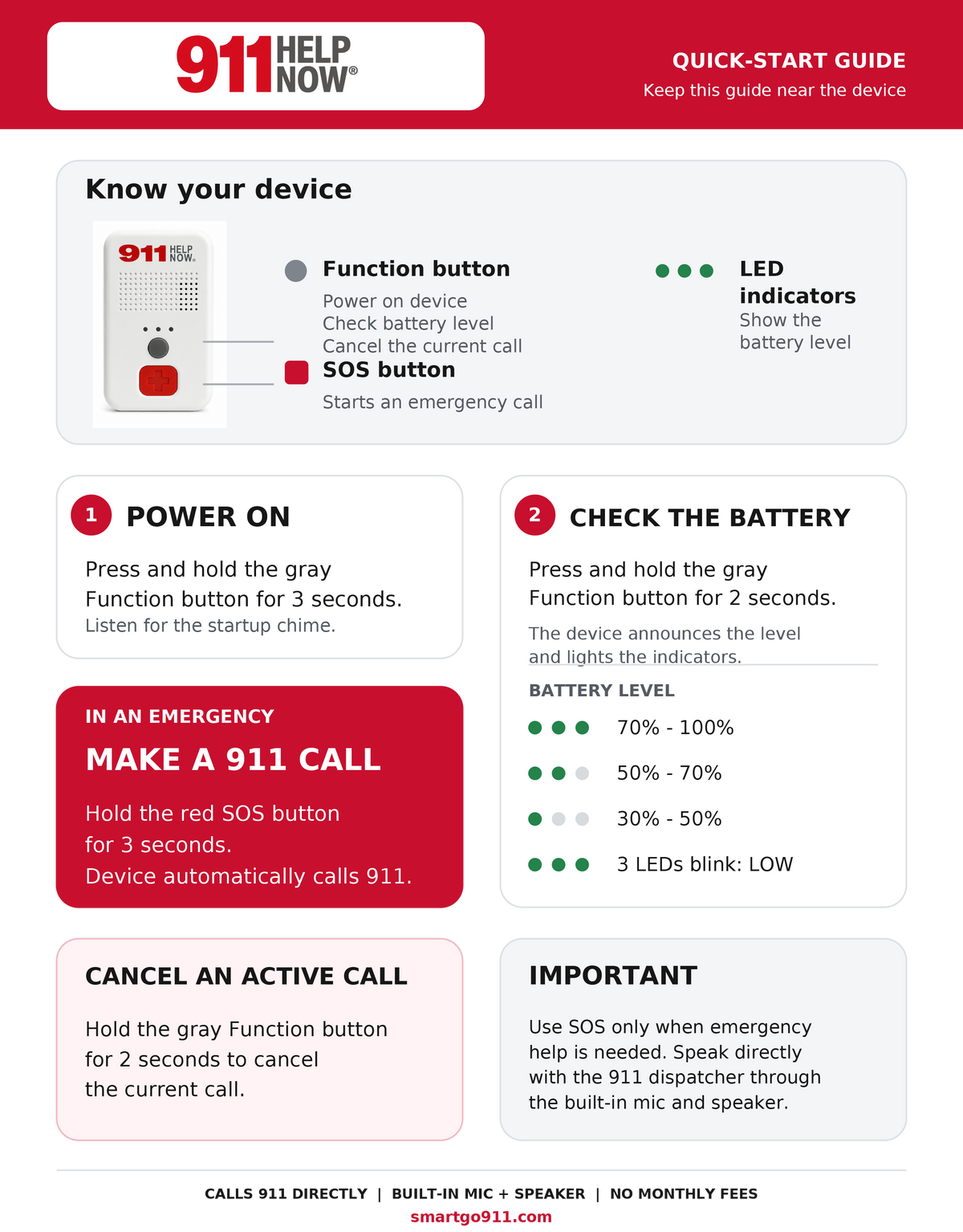 911 Help Now quick-start guide with setup, battery, and emergency call instructions